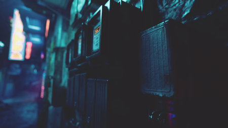 In a dimly lit alleyway, old mailboxes line the wall, fading under the glow of colorful neon signs. Late night energy creates an intriguing atmosphere of urban mystery.の写真素材