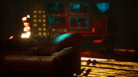 In a dimly lit room, warm and cool lights cast shadows on an old leather couch, while an abstract figure stands illuminated in the background, creating a captivating scene of mystery.の写真素材