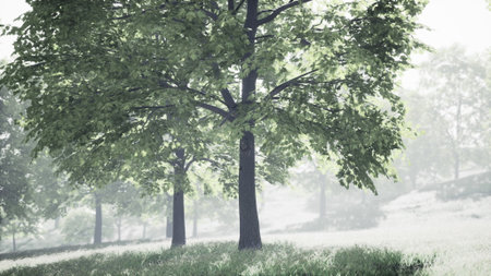 In a serene forest, morning fog gently shrouds tall trees, their lush green leaves glistening in soft light. The peaceful atmosphere invites quiet reflection and connection with nature.の写真素材