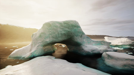 An enormous ice arch rises from the tranquil sea, reflecting sunlight. Nearby, smaller ice chunks...