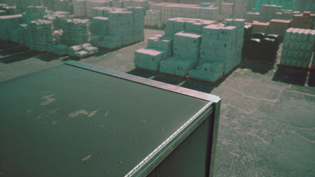 A wide view captures a busy shipping yard filled with neatly arranged containers. The sun casts shadows, highlighting the organized chaos of logistics while workers are busy in their tasks.の写真素材