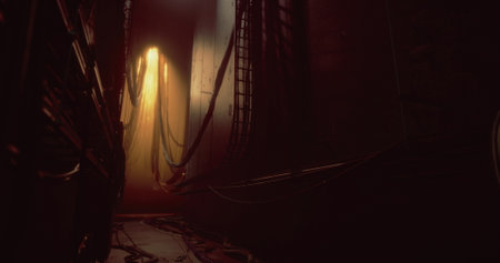The corridor features soft light filtering through fabric, casting warm hues against the dark...