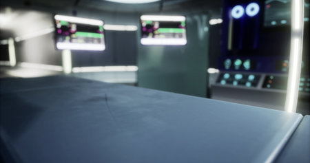 A sterile medical facility equipped with futuristic technology showcases advanced medical equipment...