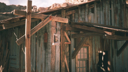 The weathered wooden structure features a rustic lantern hanging from a beam, set against a backdrop...