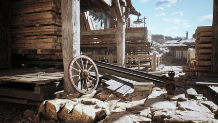 The setting showcases a weathered cart wheel leaning against rocky terrain in a deserted western...