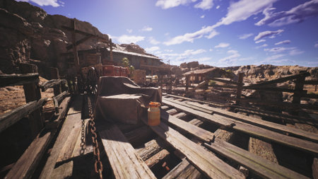 A rustic wooden dock is situated in a desolate area with rocky terrain and sparse vegetation. Bright sunlight casts shadows, creating a serene atmosphere.の写真素材