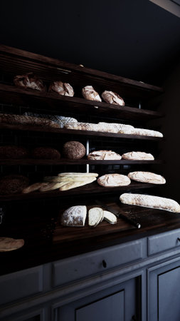 Various types of freshly baked loaves of bread are displayed on an old bakery counter.の写真素材