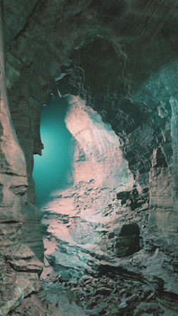 A cave filled with various rocks and water, illuminated by rays of light penetrating through the...