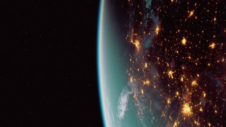 The Earth is illuminated by city lights and natural phenomena, captured from space during nighttime.