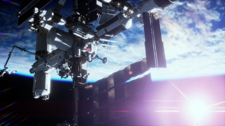 International Space Station ISS floating in orbit above planet earth in outer space