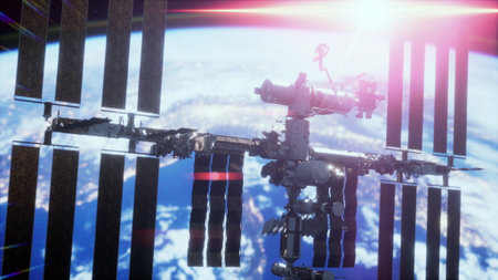 Close up ISS flying over Earth globe atmosphere Elements of this image furnished by NASA