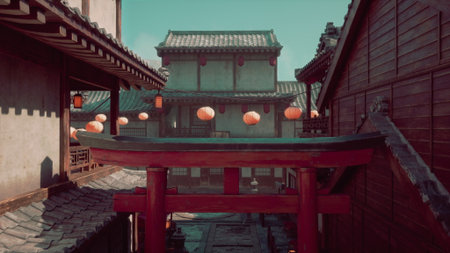 A traditional Japanese temple gate adorned with vibrant red lanternsの写真素材