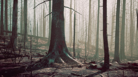 Scorched trees stand tall in a misty forest, remnants of a fierce wildfire. Twisted roots emerge...