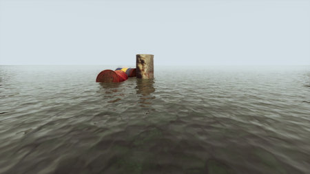 Barrels float on calm waters, reflecting the soft hues of sunrise. The scene evokes a sense of peace and quiet solitude at dawn by the shore.の写真素材