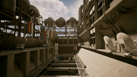 Steel and concrete structures rise against a backdrop of fluffy clouds. Modern technology integrates...