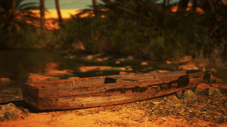 A weathered wooden boat sits on the sandy beach of a tranquil desert oasis, surrounded by lush vegetation. The warm glow of sunset highlights the boats rustic features, creating a serene atmosphere.の写真素材