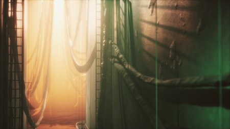 Soft golden light pours into a dimly lit hallway, creating an inviting yet eerie atmosphere. Draped...