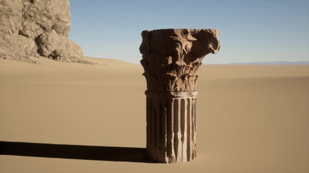 In a sunlit desert landscape, a weathered ancient column rises from the golden sand, surrounded by endless dunes. The clear sky highlights the intricate carvings.の写真素材
