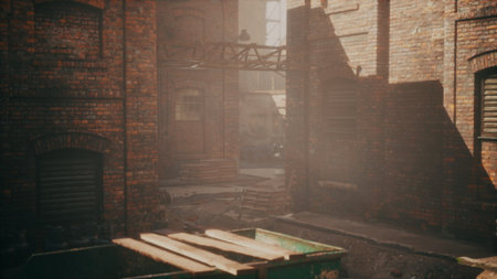 Sunlight spills into a narrow alley, revealing weathered brick buildings. A wooden bridge connects two structures, while a faded green dumpster adds character to the scene.の写真素材