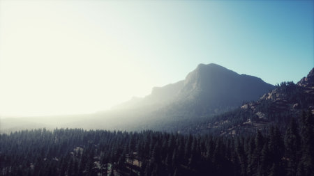 A breathtaking scene unfolds as the sun rises, casting golden light over majestic mountains and a lush forest below. The peaceful atmosphere embraces natures beauty with tranquility.の写真素材