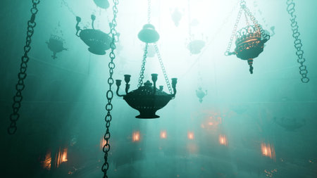 Chandeliers hang from the ceiling, casting soft light in a hazy room. Mystic ambiance fills the air, enhancing the enchanting atmosphere of this timeless space.の写真素材