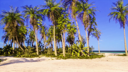Soft sand meets calm waves as vibrant palm trees line the shoreline. This tranquil beach scene captures the essence of relaxation under a clear blue sky on a lovely day.の写真素材