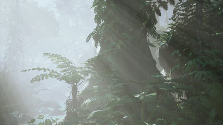 Dense greenery thrives in a tranquil forest setting where gentle sunlight breaks through a hazy...