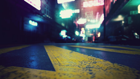 A narrow city alley glows with colorful neon signs at night. The wet pavement reflects the bright lights, creating a lively and dynamic atmosphere. A vivid representation of urban life.の写真素材