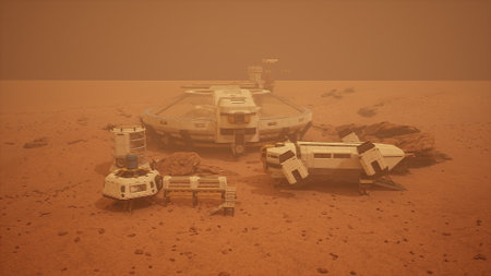 A detailed view of a space habitat on a red planet, surrounded by rugged rocks. Dusty skies hint at...