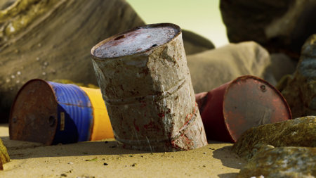 Rusty barrels spill colors on a sandy beach, surrounded by rocks. The scene captures the contrast of nature and pollution, highlighting environmental concerns.の写真素材