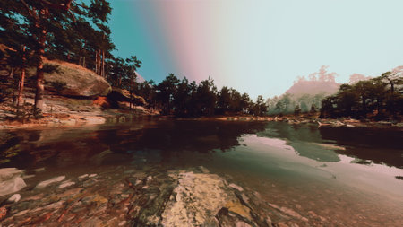 A calm lake reflects the vibrant colors of the sky at dusk. Surrounding trees create a peaceful...