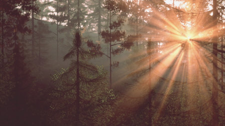 Soft rays of sunlight filter through tall trees in a quiet forest, creating a magical atmosphere...