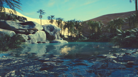 A tranquil oasis is revealed amidst golden sand dunes. Lush palm trees surround clear water reflecting the blue sky, creating a perfect escape from the arid desert heat.の写真素材