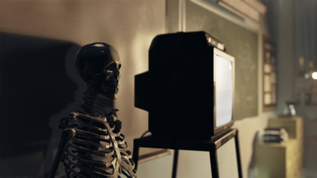 A skeleton sits eerily still in a dim classroom, facing a vintage television that displays nothing...