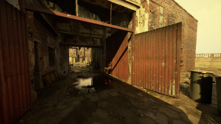 An old warehouse stands abandoned, its rusty doors wide open. Broken pavement leads to a quiet space, illuminated by warm golden light, reflecting a sense of nostalgia and decay.の写真素材