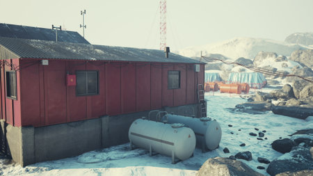 A vibrant red research station stands resilient against the harsh, cold environment.の写真素材