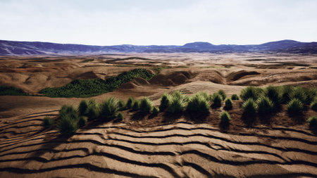 A sweeping desert expanse features textured sand dunes and patches of vibrant green vegetation. The midday sun casts soft shadows over the undulating landscape, highlighting its natural beauty.の写真素材