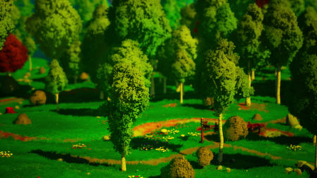 In a lively green expanse, lush trees of varying heights sway gently in the breeze. Colorful...