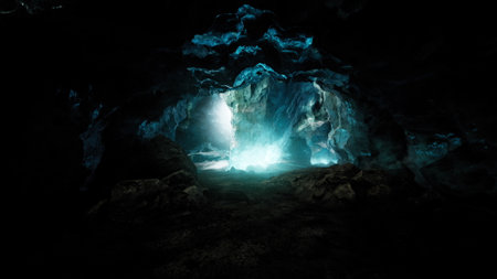 Bright blue light filters into a dark cave, revealing textured rocks and a stunning natural formation. This hidden wonder invites exploration and sparks curiosity about its depths.の写真素材