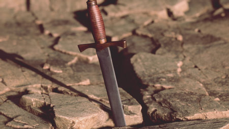 A sturdy sword is deeply lodged in a cracked, barren ground under bright sunlight. The scene suggests themes of endurance and the weight of history in an arid landscape.の写真素材
