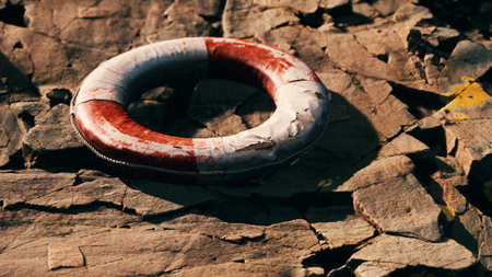 A well used lifebuoy lies on rugged rocks near calm water. The vibrant red and white colors contrast with the earthy tones of the stones, creating a striking visual scene in nature.の写真素材
