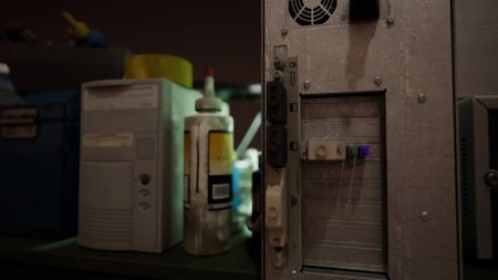 Old computer hardware and tools are neatly set on a dark workbench, surrounded by various containers and bottles. The low light casts interesting shadows, creating a moody atmosphere.の写真素材