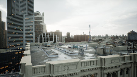 A panoramic view showcases an urban skyline filled with tall buildings. Rooftops and antennas are visible, creating a blend of architecture under a soft overcast sky.の写真素材