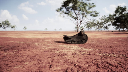 A single old shoe lies alone on parched soil, surrounded by sparse trees and a vast open space. The bright blue sky and distant hills create a peaceful but desolate scene.の写真素材