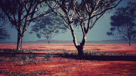 Expansive red earth stretches under a vibrant blue sky, dotted with trees. The unique Australian landscape showcases natures beauty in a peaceful, serene setting.の写真素材