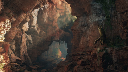 Sunlight seeps through the openings in the cave, illuminating ancient rock formations. Shadows play on the walls, creating an enchanting atmosphere as nature thrives within.の写真素材