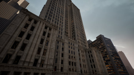 Towering buildings rise against a twilight sky, capturing the essence of a vibrant city. The intricate details of the architecture reflect the rich history and modern life of urban living.の写真素材