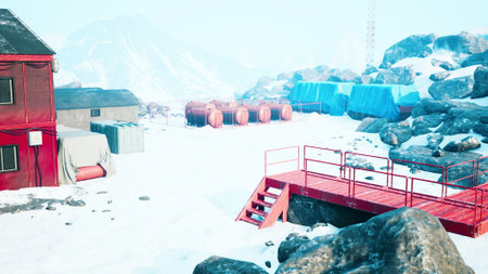 Snow covered ground surrounds a research station filled with cargo containers. Bright red stairs lead to the platform, while blue tarps protect equipment from harsh weather.の写真素材
