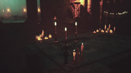 A dark and mysterious room filled with flickering candles creates a haunting atmosphere.の写真素材