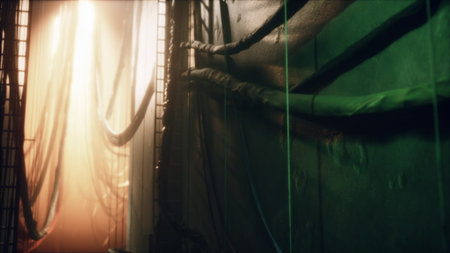 A narrow alleyway filled with shadows and walls decorated with cables glows softly in hues of green. Light filters through, creating a tense, intriguing atmosphere at twilight.の写真素材